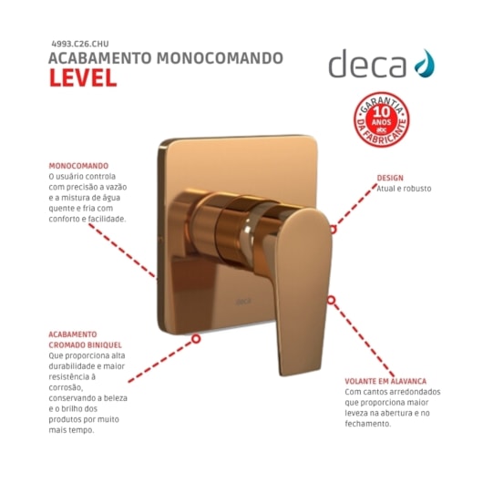 Acabamento Misturador Monocomando Ducha Higiênica Alta E Baixa Pressão Level Red Gold Deca - Imagem principal - c744c0f2-3c3a-4b10-938e-4b63b9043d4c