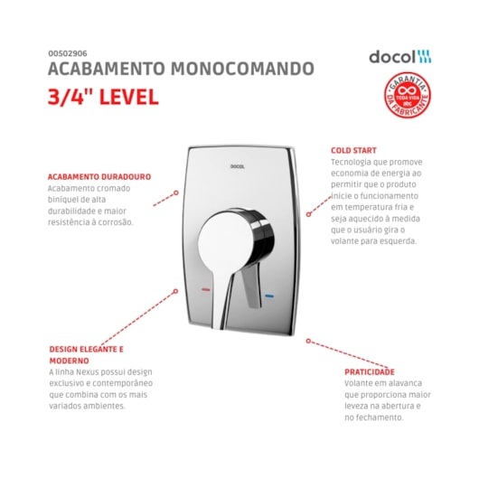 Acabamento Monocomando De Chuveiro Nexus 3/4 Baixa Pressão Cromado Docol - Imagem principal - d0523f10-e3bd-4ea4-a8f7-e01a6936ee40