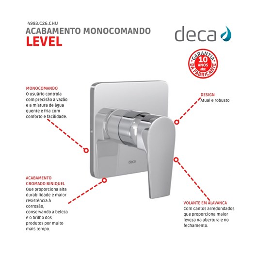 Acabamento Monocomando Para Chuveiro Level Alta E Baixa Pressão 4993 Cromado Deca - Imagem principal - 2c32b152-91df-4973-9bca-7944a67cf8c1