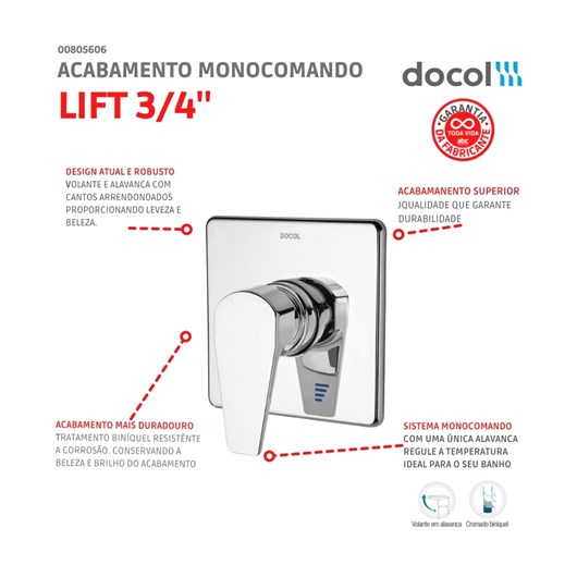 Acabamento Monocomando Para Chuveiro Lift 3/4 Baixa Pressão Cromado Docol - Imagem principal - ae4937fe-e296-4d84-ba47-6139370a06f3