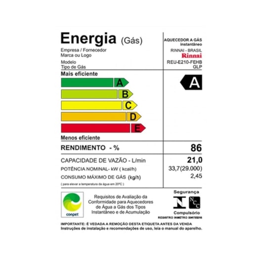 Aquecedor A Gás Digital 21 Litros Glp E211 Feh Branco Rinnai - Imagem principal - 8e151e68-51b9-45c2-9f44-9d51dd3b6f78