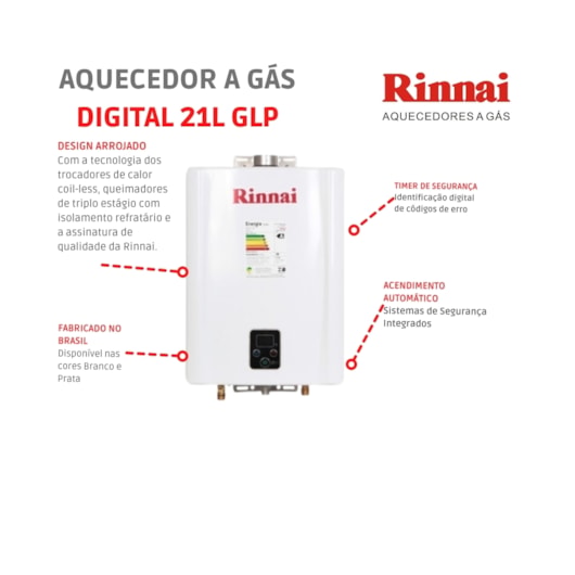 Aquecedor A Gás Digital 21 Litros Glp E211 Feh Branco Rinnai - Imagem principal - 2df31730-205b-4447-a7a5-fb6cb40773fe
