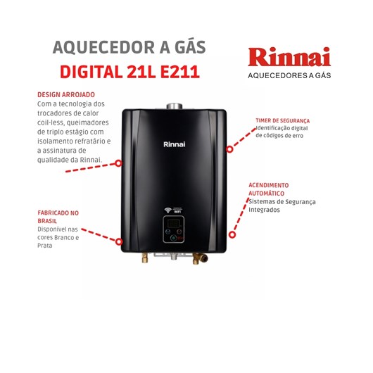 Aquecedor A Gás Digital 21l E21 Black Glp Rinnai - Imagem principal - 42a0a51f-ce77-434c-99ca-6cb9d3d57b99