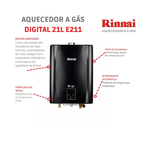 Aquecedor A Gás Digital 21l E21 Black Glp Rinnai - Imagem principal - 6c29d148-0e82-4786-8daf-a3b77b60953e