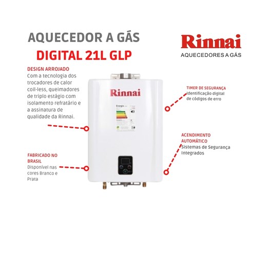 Aquecedor A Gás Digital 21l Glp E21 1 Feh Branco Rinnai - Imagem principal - 8fe5c254-e171-4743-8043-084d8af65d21