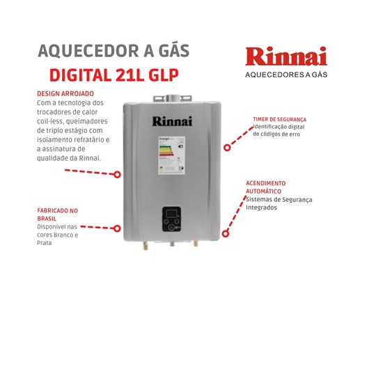 Aquecedor A Gás Digital 21l Glp E21 1 Feh Prata Rinnai - Imagem principal - aed09190-59b5-4b6a-b540-ab7790d86dfb