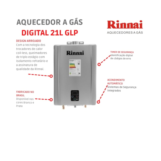 Aquecedor A Gás Digital 21l Glp E21 1 Feh Prata Rinnai - Imagem principal - 42cf13f4-35e1-44c5-b803-913d4a56bd1b