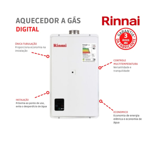 Aquecedor A Gás Digital 32,5l Glp E33 1 Feh Branco Rinnai - Imagem principal - 9de61338-eed3-4769-981b-ea5100963cd0