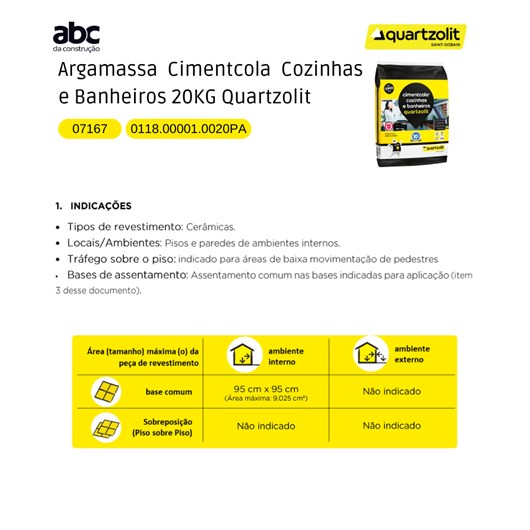 Argamassa Cimentcola Cozinhas E Banheiros 20kg Quartzolit - Imagem principal - d2d7ae18-fc4a-46a5-9199-6b99e5360bcb