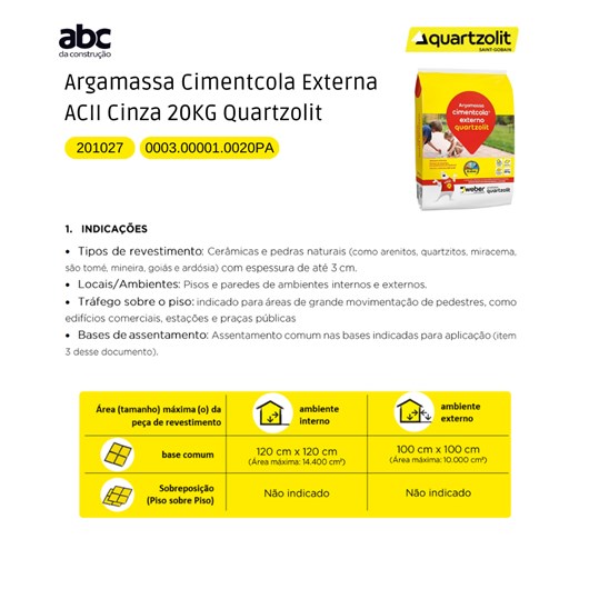 Argamassa Cimentcola Externa Ac2 Cinza 20kg Cinza Quartzolit - Imagem principal - c763dcbd-f4d9-4ef6-a809-99b0238bf84f