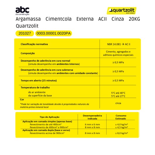 Argamassa Cimentcola Externa Ac2 Cinza 20kg Cinza Quartzolit - Imagem principal - 302e2ac1-466e-4aff-acf9-7ea3f417b9cc