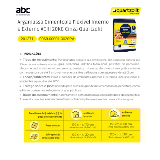 Argamassa Cimentcola Flexível Interno E Externo Ac3 Cinza Quartzolit 20kg - Imagem principal - e831f6c7-0e4f-4fcd-a409-54205c51dd6a
