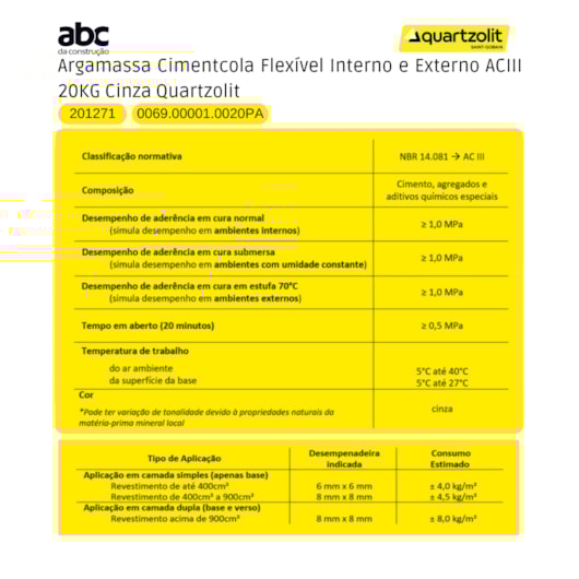 Argamassa Cimentcola Flexível Interno E Externo Ac3 Cinza Quartzolit 20kg - Imagem principal - a5603acc-46b9-41e5-9d1c-b184a6a8e2aa
