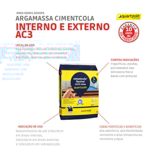 Argamassa Cimentcola Flexível Interno E Externo Ac3 Cinza Quartzolit 20kg - Imagem principal - dd9f2c56-7b4a-4ff0-ba63-deb425bec078