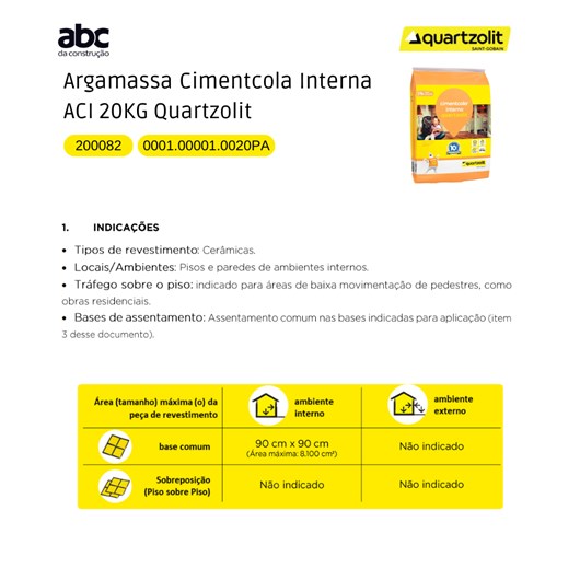 Argamassa Cimentcola Interna Ac1 20kg Quartzolit - Imagem principal - 59cb3dcc-add8-4cf9-a5dc-d011530de137
