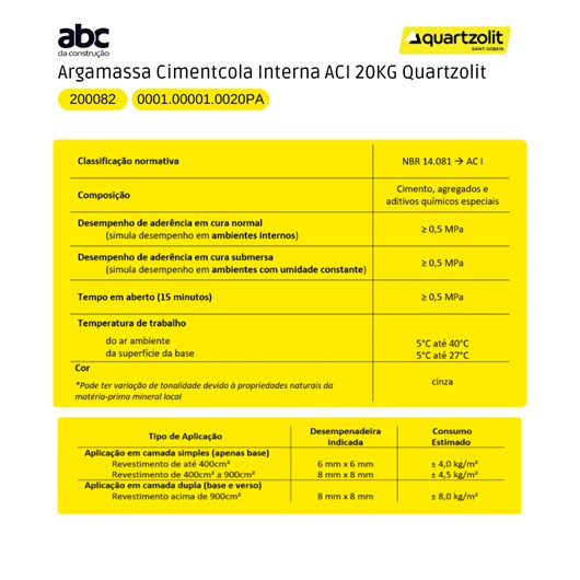 Argamassa Cimentcola Interna Ac1 20kg Quartzolit - Imagem principal - 3c1f5fcc-f906-4e4d-bacb-64cb40f5c321