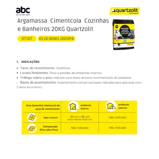 Argamassa Cimentcola Super Ac1 Cozinhas E Banheiros 20kg Quartzolit - Imagem principal - e63614fb-d621-4238-be67-dfca1a9d7d01