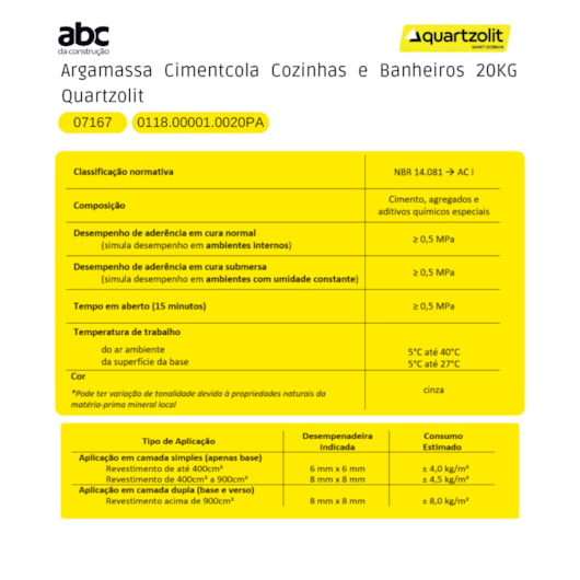 Argamassa Cimentcola Super Ac1 Cozinhas E Banheiros 20kg Quartzolit - Imagem principal - d205d4a2-880d-4e98-ad52-de4a3e97117a