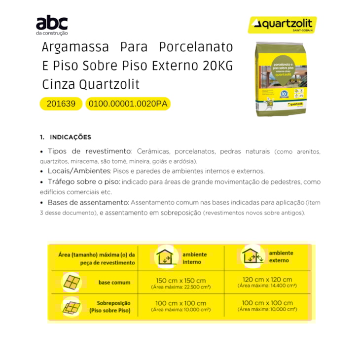 Argamassa Para Porcelanato E Piso Sobre Piso Externo 20kg Cinza Quartzolit