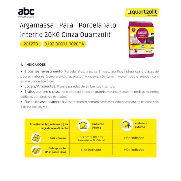 Argamassa Para Porcelanato Interno 20kg Cinza Quartzolit