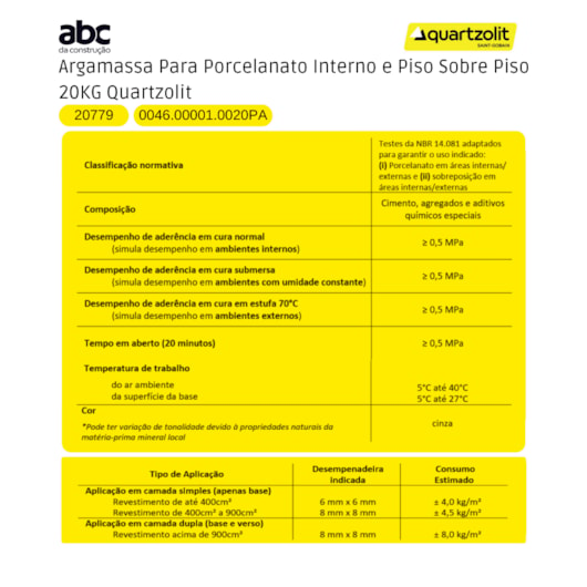 Argamassa para Porcelanato Interno e Piso sobre Piso 20KG Quartzolit - Imagem principal - 914fd579-33f3-4072-89ee-22ea18248ad8