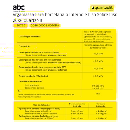Argamassa Para Porcelanato Interno e Piso Sobre Piso Quartzolit 20KG - Imagem principal - c02c30ab-31e1-424f-924e-18f425b1f1d4