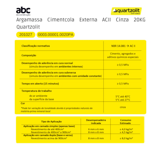 Argamassa Supercimentcola Externa Ac2 Cinza 20kg Cinza Quartzolit - Imagem principal - 7d96ce08-f9f7-4df5-acf3-0655d554fdc6