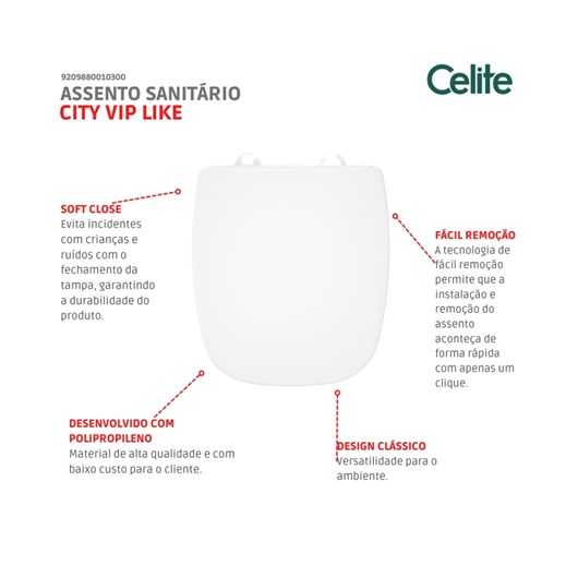 Assento Sanitário Amortecido City Vip Like Branco Celite - Imagem principal - 1b518580-5bf8-4d8b-bf0b-0486b26d1811