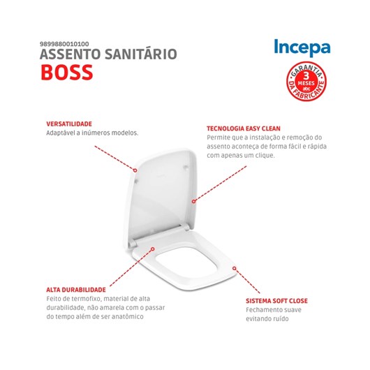Assento Sanitário Amortecido Polipropileno Boss Branco Incepa - Imagem principal - 8d885cca-5b20-4b7a-832e-63ceca0aad8b