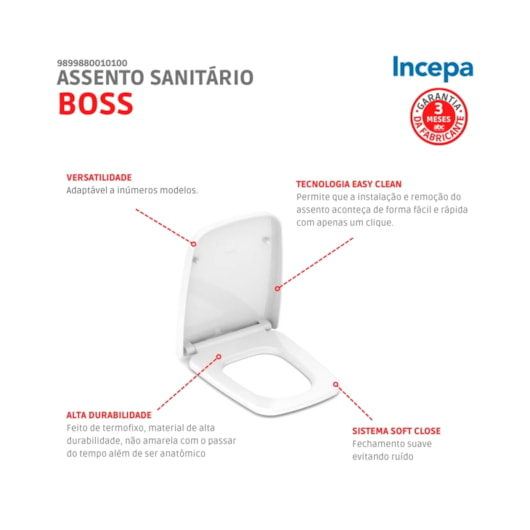 Assento Sanitário Amortecido Polipropileno Boss Branco Incepa - Imagem principal - 65200b45-408e-40e3-8821-3acdbf3ee210