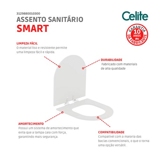 Assento Sanitário Amortecido Smart Branco Celite - Imagem principal - 6c2e6c17-a25c-4e14-91d8-290fb2987673