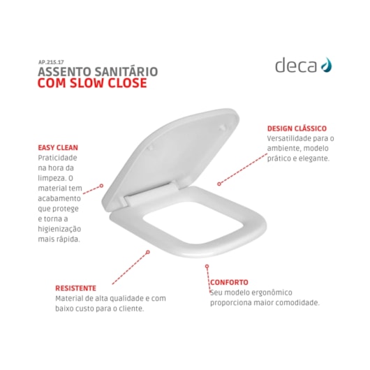 Assento Sanitário De Plástico Amortecido Quadra/Polo/Unic Branco Deca - Imagem principal - 72aad3a8-45bc-4eb5-b2d0-fff771fe58b2