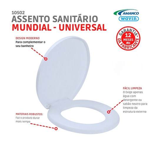 Assento Sanitário Mundial Branco Oval Universal Plástico Amanco - Imagem principal - e39eb8f0-07de-45c2-8ffb-3c1532bbf0e1