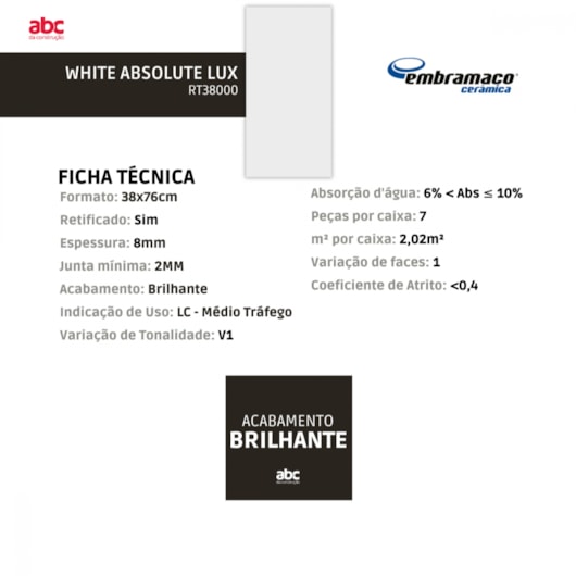 Azulejo Embramaco White Absolut Lux 38x76cm Retificado - Imagem principal - 0ae2ba21-97c2-438b-92ab-324cc7f8ec85