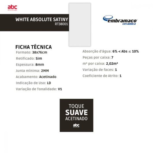 Azulejo Embramaco White Absolute Satiny 38x76cm Retificado - Imagem principal - 8d8cc2de-06d0-4b78-87b0-1c756de446a7