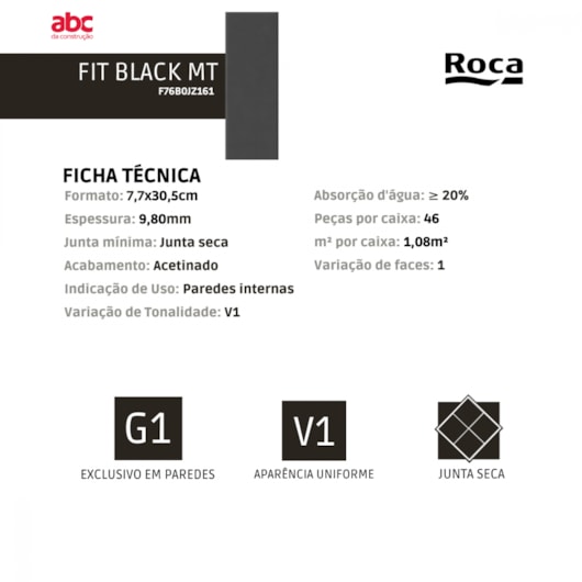 Azulejo Roca Fit Black Acetinado 7,7x30,5cm Retificado - Imagem principal - 8730c4f8-69f8-4f63-9144-ec63c49d15a7