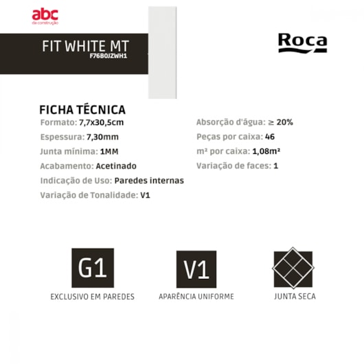 Azulejo Roca Fit White Acetinado 7,7x30,5cm Retificado - Imagem principal - 644f2d55-ed8a-4f82-aaad-7aa5dbdead2a