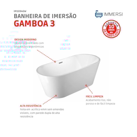 Banheira Acrílica De Imersão Moderna Gamboa 3 Glossy White Immersi 169,5x75x59cm - Imagem principal - 354767be-c211-478d-996c-0c77b99d69e3