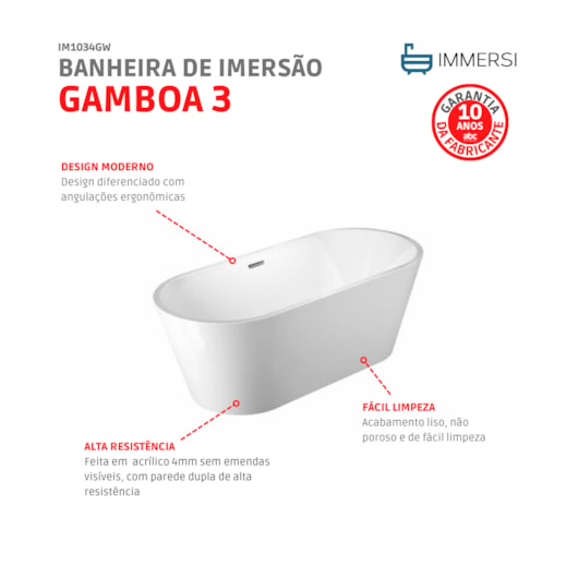 Banheira Acrílica De Imersão Moderna Gamboa 3 Glossy White Immersi 169,5x75x59cm - Imagem principal - a7b83d16-7603-45cb-ace1-60f2badc4cf9