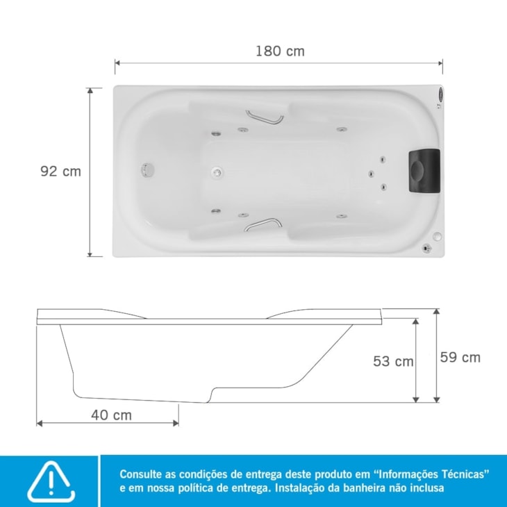 Banheira Acrílica Individual Tahiti Gran Luxo 180x92x53cm Com Aquecedor Astra