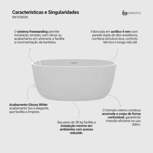 Banheira Acrílica Taípe Glossy White Immersi 140,3cmx80cmx58cm - Imagem principal - 44a5110e-a0dc-41d7-8ef1-388133ba6dd4
