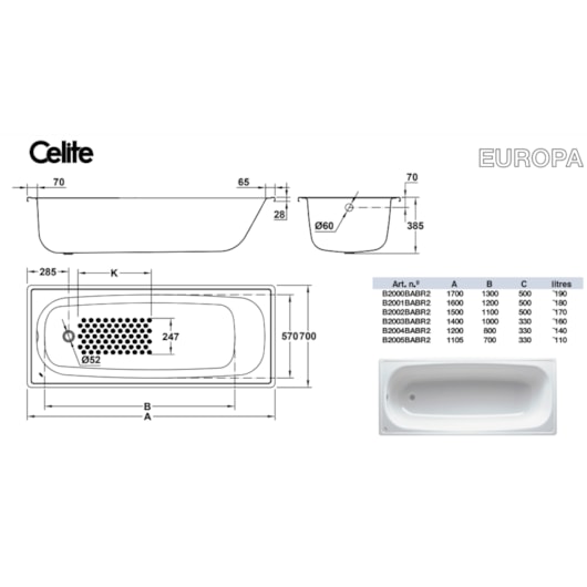 Banheira De Aço Esmaltado Sem Válvula Europa Branco Celite 150x70cm - Imagem principal - 3af7ab16-e795-45e5-8db2-ff9c29d35ff9