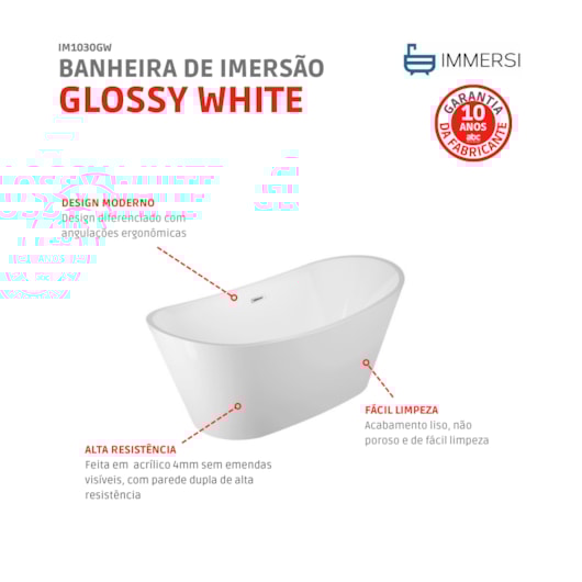 Banheira Moderna Porto Belo Glossy White Immersi 240L 170x81x68cm - Imagem principal - 2b1ba4a2-8c50-4e01-b3e2-e9e012bfcd7d