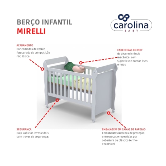 Berço Infantil Mini Cama Mirelli Branco Brilho Carolina Baby - Imagem principal - 57cedaf7-bcda-4be9-8f24-821b6215c06c
