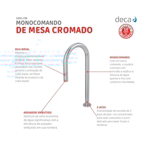 Bica Para Monocomando De Cozinha De Mesa You Curva Cromado Deca - Imagem principal - 139f9cc0-0c84-442c-bd9a-6b115f2f9145