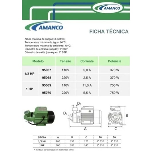 Bomba Dágua 1HP 60L/MIN Amanco 220V XKM80 - Imagem principal - 839a06b9-54a1-49fb-adf3-b0a91cfa70b7