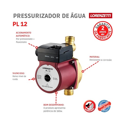 Bomba Pressurizador Água Fluxostato PL12 160W 12mca 1800L/h 127V Lorenzetti  - Imagem principal - 3616ca3f-9634-4eae-8110-033f4cbc1816