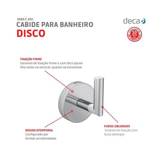 Cabide Para Banheiro Disco 2060 Cromada Deca - Imagem principal - 45da902f-bcc0-43c1-9865-bb642d070924