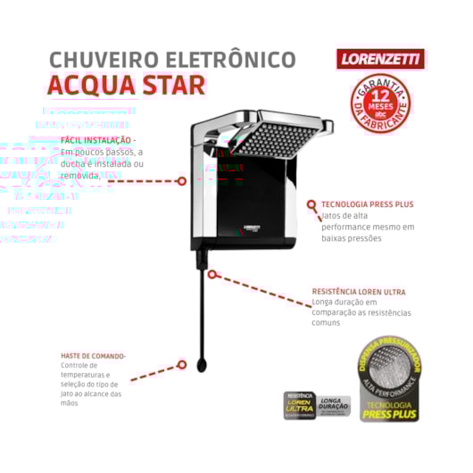 Chuveiro Acqua Star Ultra Preto Cromado Lorenzetti 220V 7800W - Imagem principal - 21277a51-2fe6-40d9-a814-a1813e0221f1