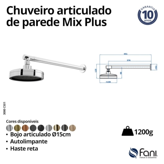CHUVEIRO ARTICULADO DE PAREDE METAL 1/2 MIX PLUS AUTOLIMP 3000 C501 Black FANI METAIS - Imagem principal - ff81e09e-21d7-4cd4-a8db-817f8f0ac127